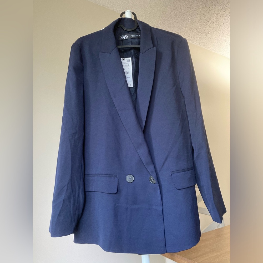 NWT ZARA WOMEN OVERSIZED DOUBLE BREASTED BLAZER NAVY BLUE